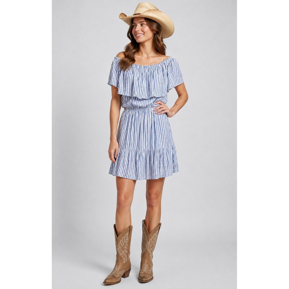 Wrangler Dress Womens XL Blue White Striped Ruffle Boho Western Coastal Summer